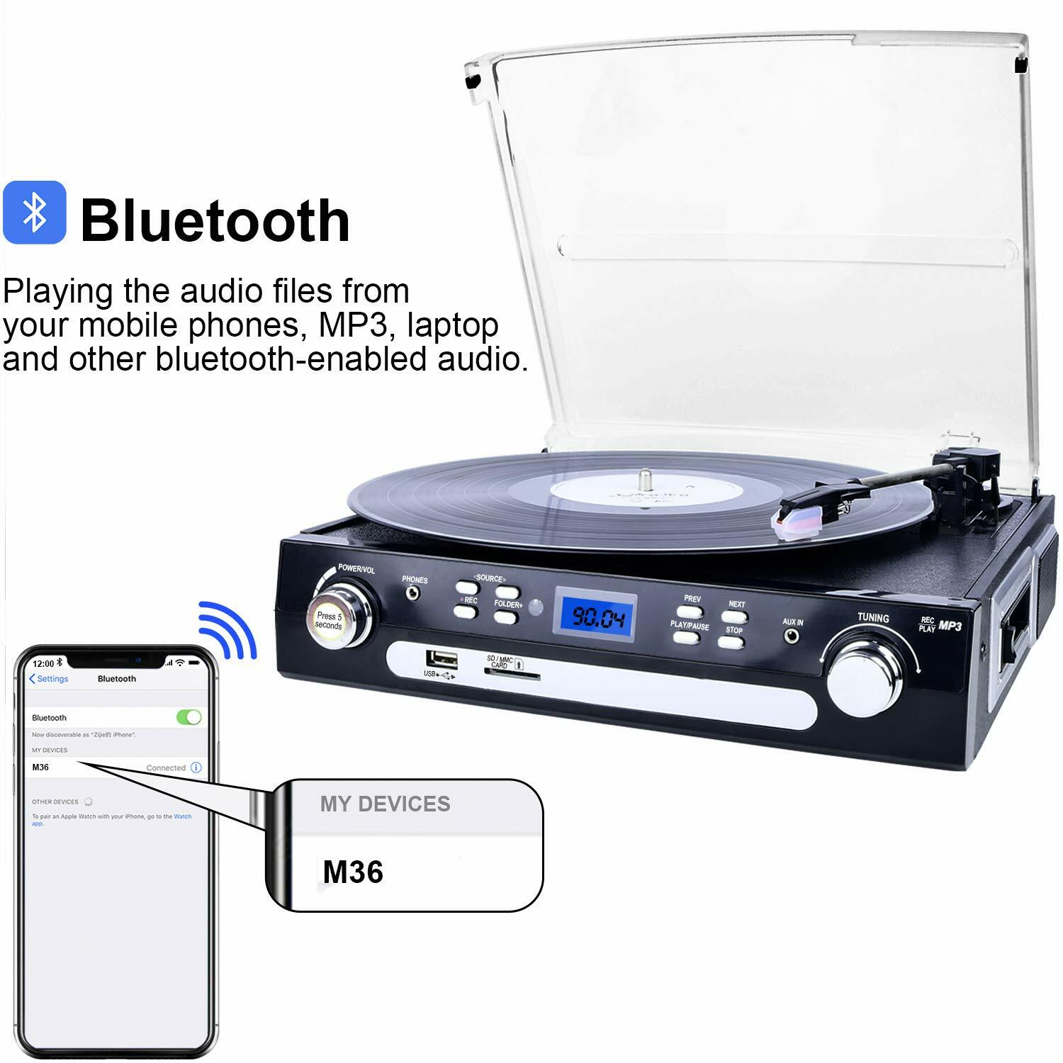Bluetooth Record Player with Stereo Speakers Turntable for Vinyl to MP3