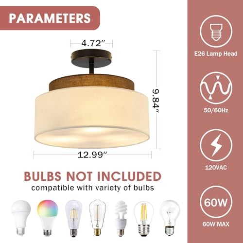 13" Double Drum 3-Light Semi Flush Mount Ceiling Light Fixture Farmhouse