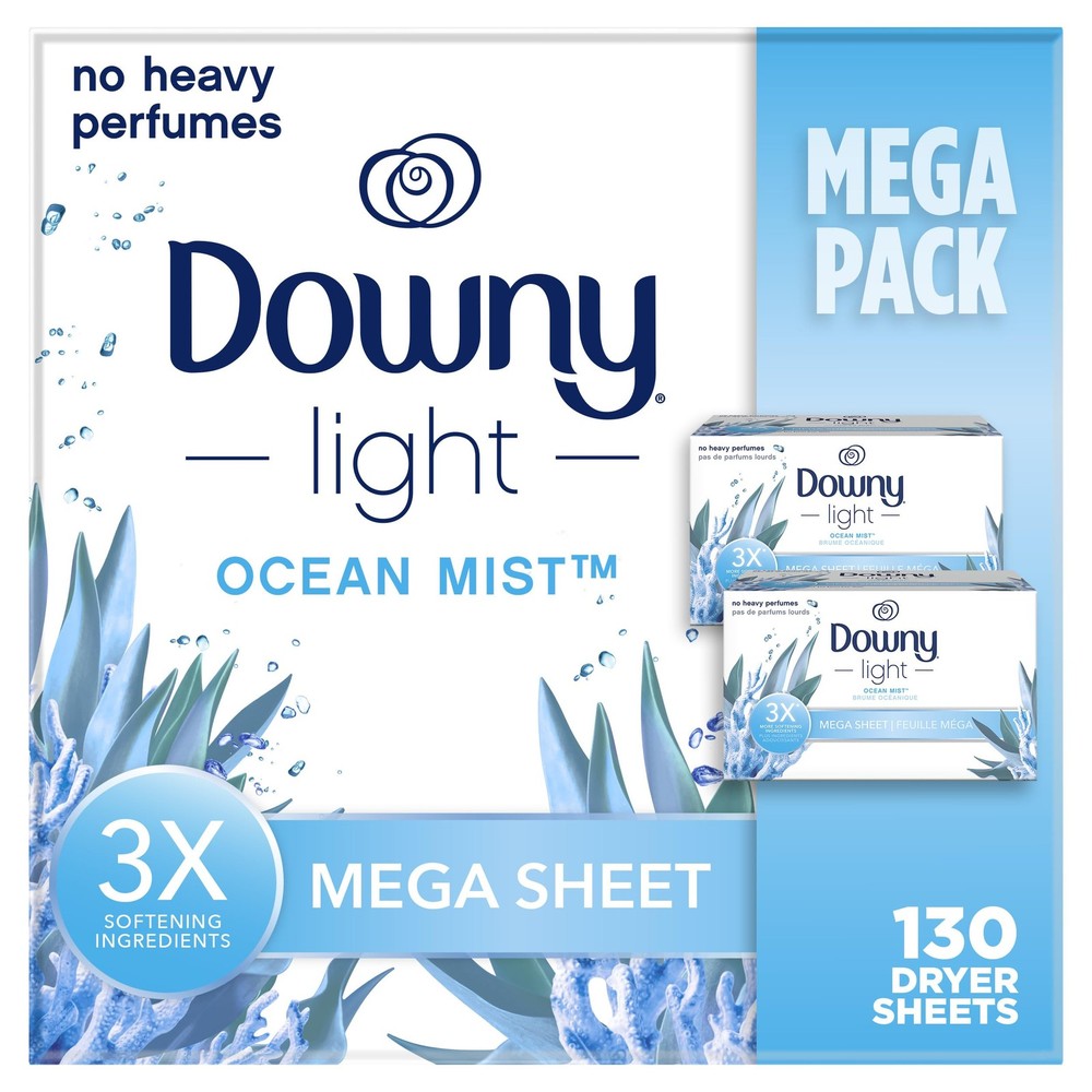 Light Mega Dryer Sheets, Laundry Fabric Softener, Ocean Mist, 130 Count