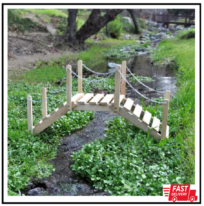 Wooden Garden Bridge with Side Rails 3 ft. Natural Cedar Wood Decorative