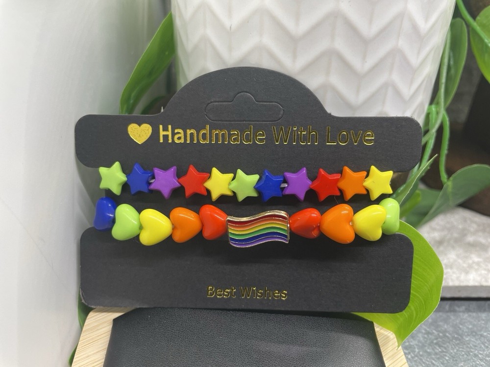 2 PC Handmade Rainbow Beaded Stackable 7” Plus Stretch Bracelet Set New B4856