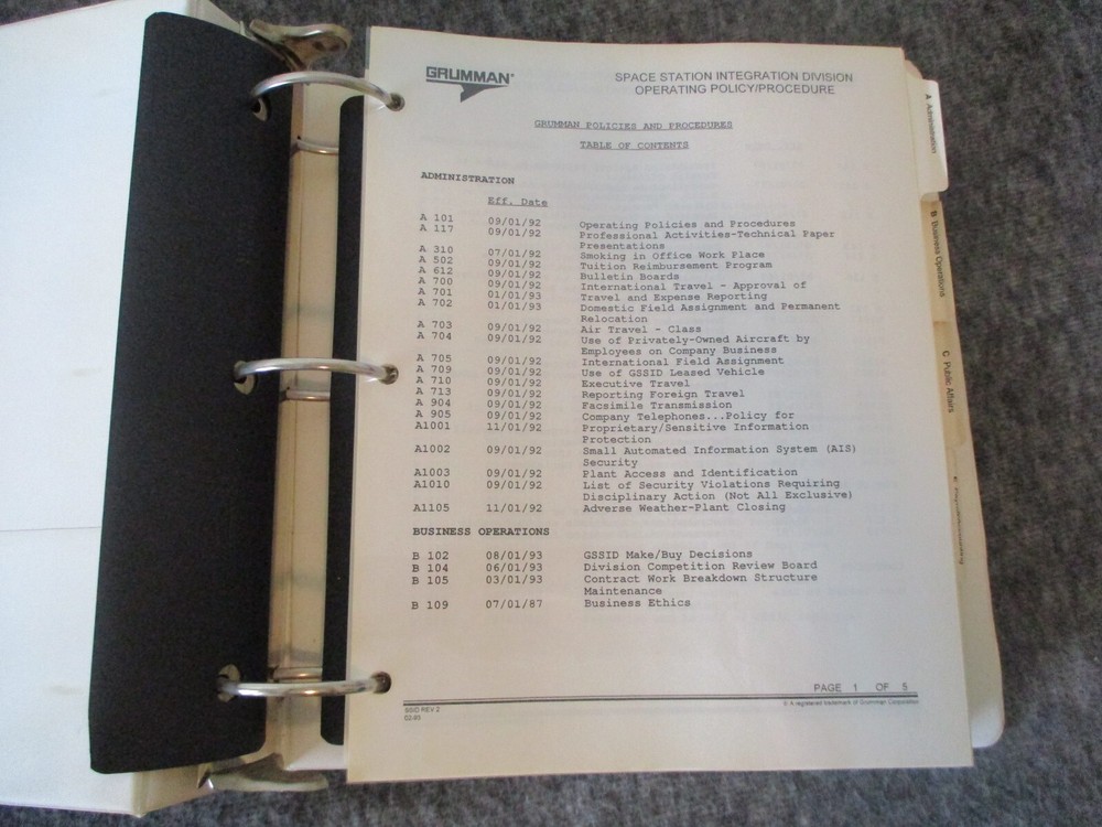 NASA GRUMMAN SPACE SHUTTLE SPACE STATION INTEGRATION DIVISION OPERATING POLICY