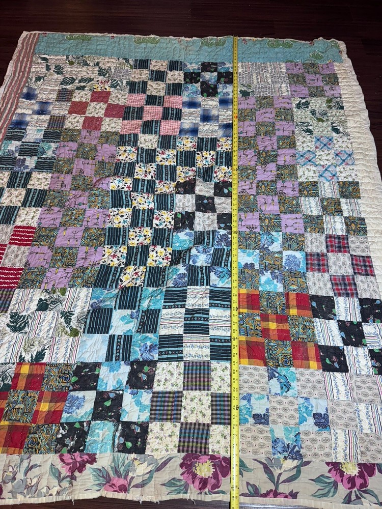 Vintage Hand Stitched Patchwork Quilt 81”x68” Fun Fabric Flawed Signed 60’s