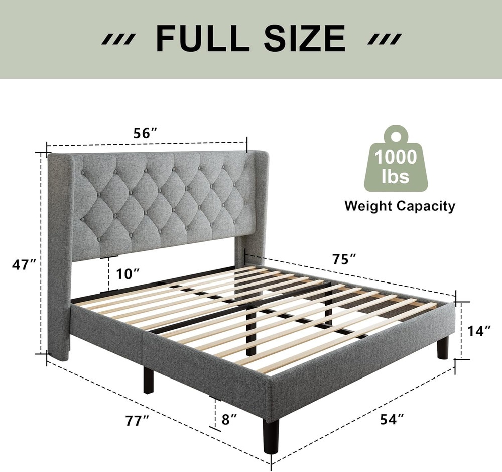 Stylish Full Size Bed Frame with Upholstered Wingback Headboard - Light Gray