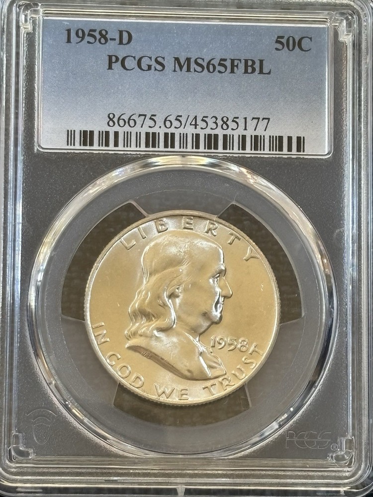 1958-D FRANKLIN HALF DOLLAR PCGS MS65FBL, GEM WITH LUSTER, WHITE