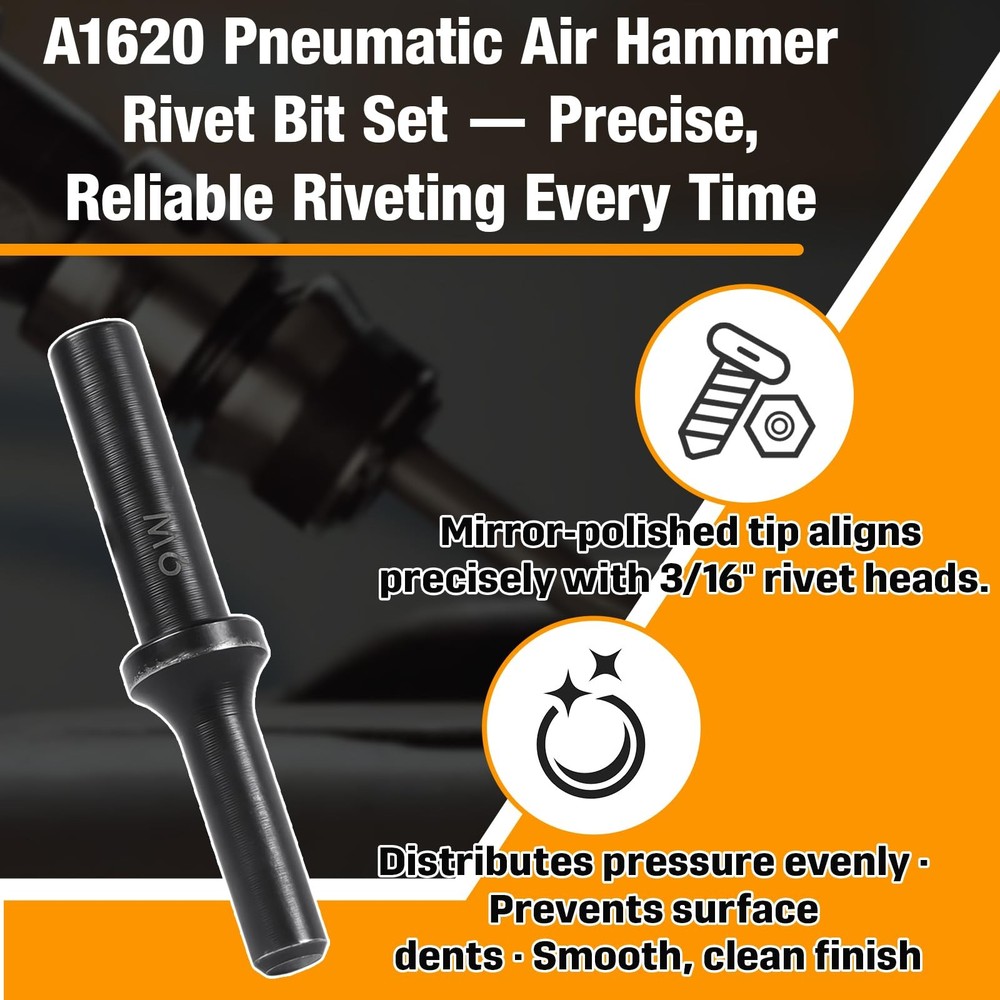 A1620 Pneumatic Air Hammer Rivet Bit Set, Solid Rivet Tool Kit for 3/16" Univ...