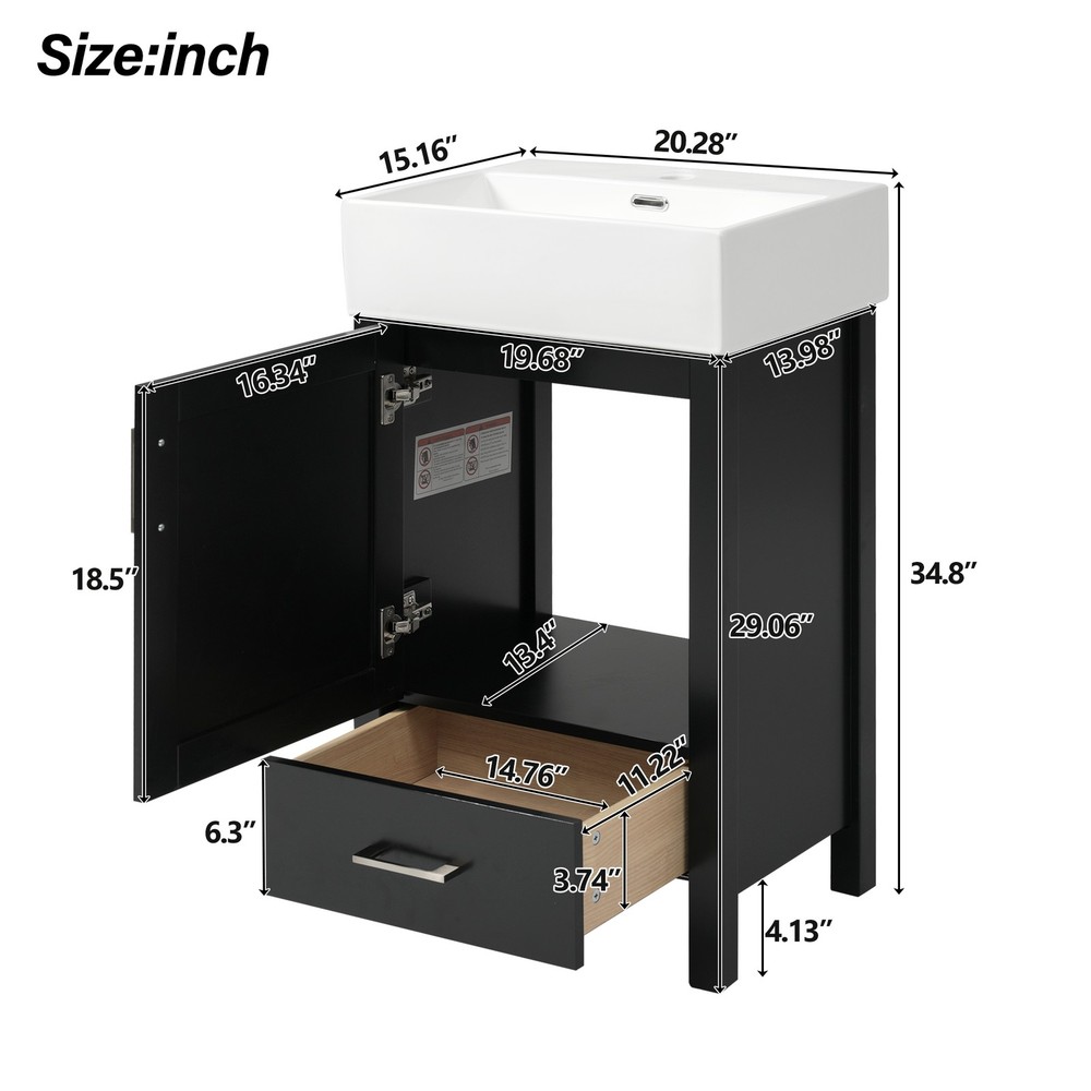 Black Modern Bathroom Vanity with Ceramic Sink, Solid Wood Frame，Storage Drawer