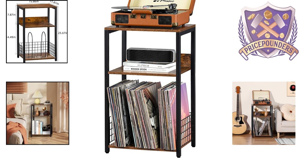 Compact 3-Tier End Table with Vinyl Storage - Stylish Design for Small Spaces
