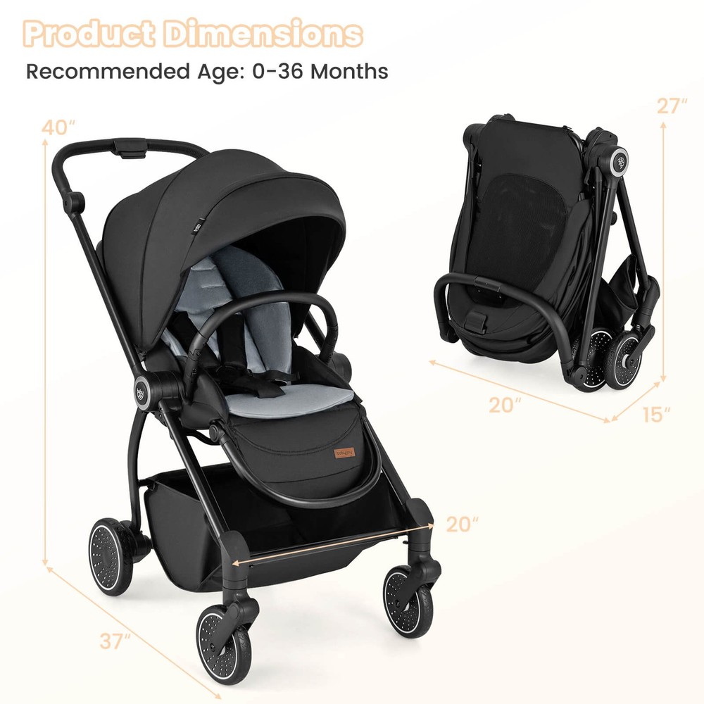 Baby Stroller Foldable Infant Pram Stroller w/ Reclining Backrest Handle