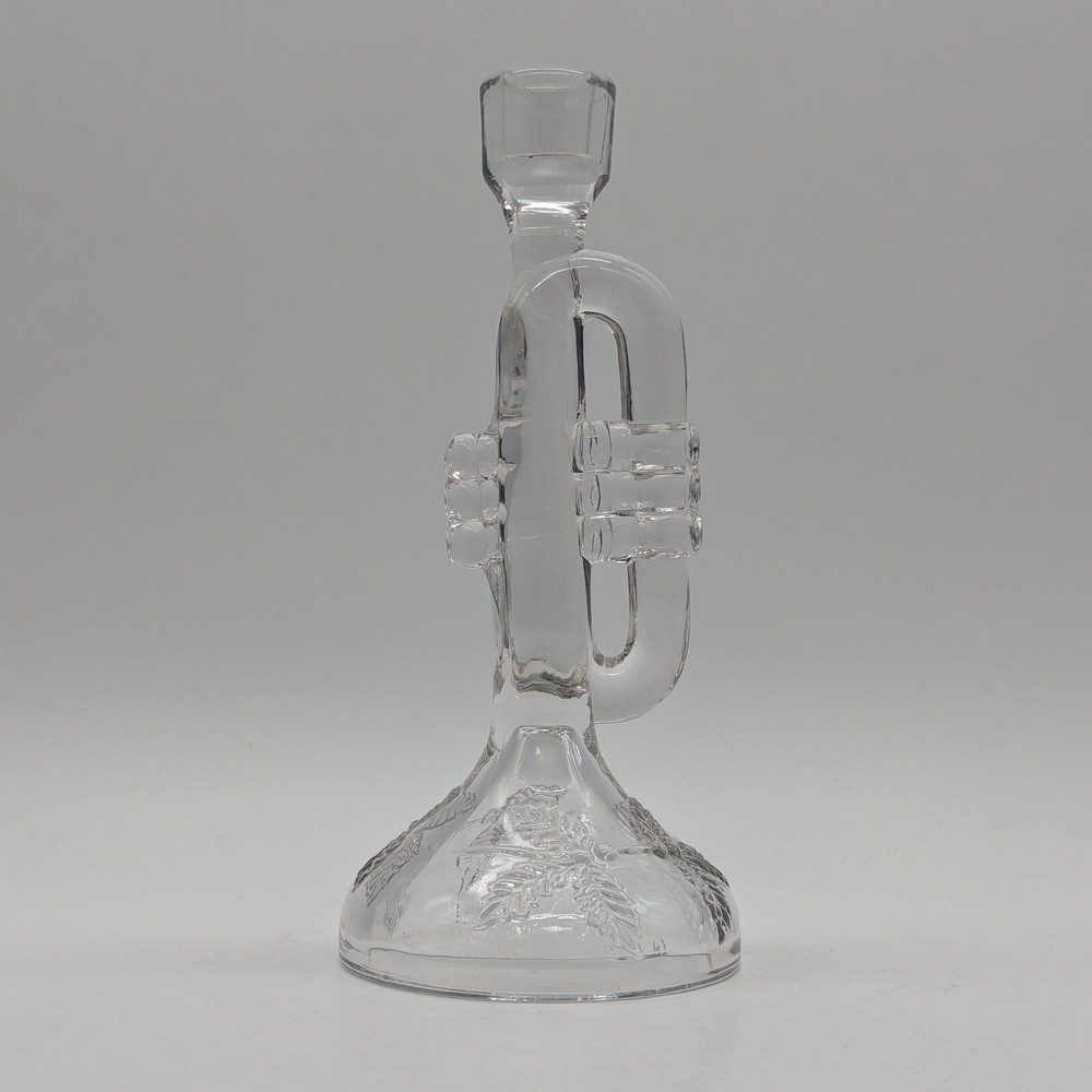 Bugle or Trumpet shaped clear glass candlestick holder   solid with leaf imprint