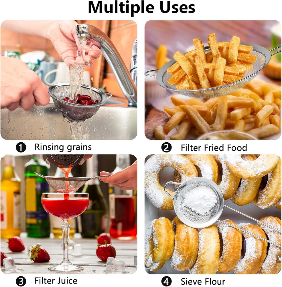 3Pcs Super Wire Extra Fine Mesh Strainer with Handle, Small Medium Large Size Si