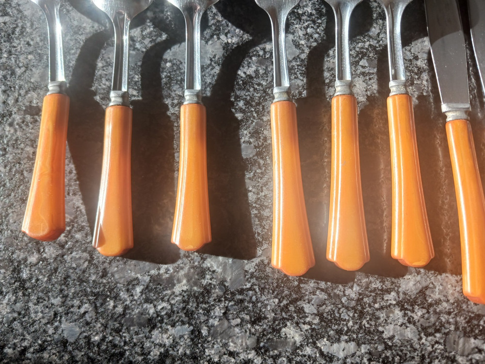 1950s flatware bakelite? lucite? Washington Forge spoon fork red butterscotch