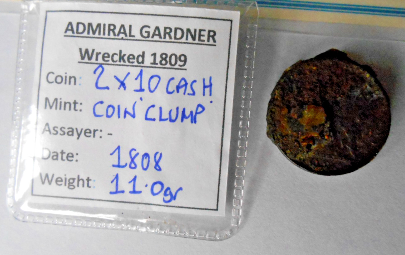 TREASURE copper 2 COIN CLUMP shipwreck 1808 EAST INDIA Co wreck 10 cash GARDNER