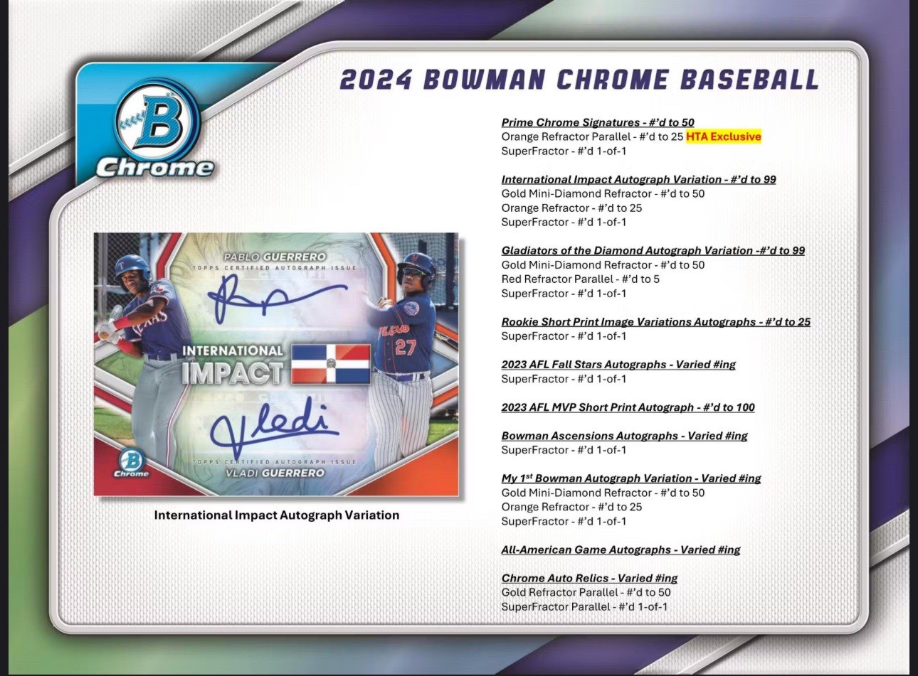 2024 BOWMAN CHROME BASEBALL HOBBY HTA BOX - 3 Autos Per Box! Fresh From Case!