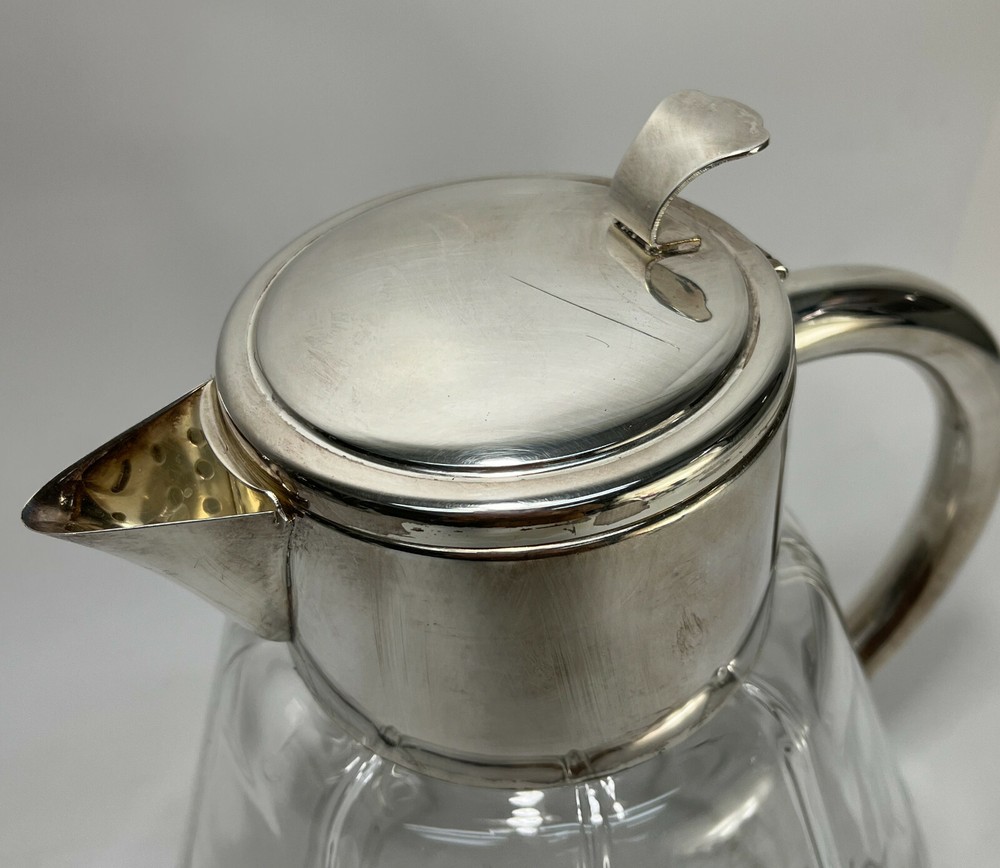 Large Silverplate and Cut Glass Water Pitcher with Strainer