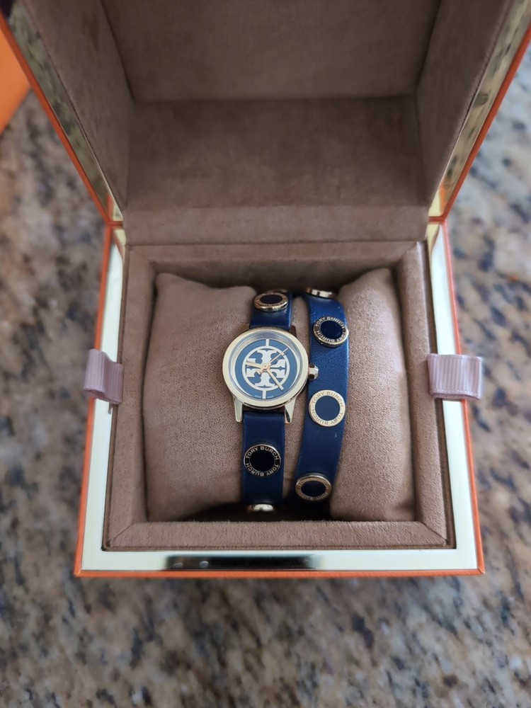 Tory Burch Navy Reva Mini Double-Wrap with Box and Papers