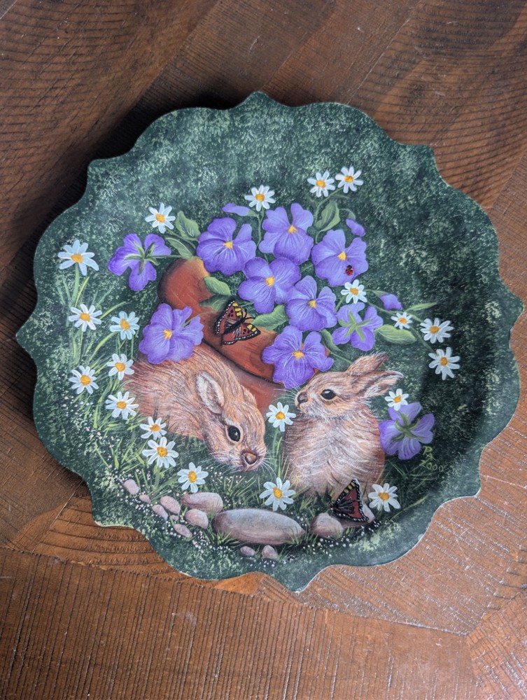 Handpainted Easter Bunny Rabbit Wooden Plate 9.5"