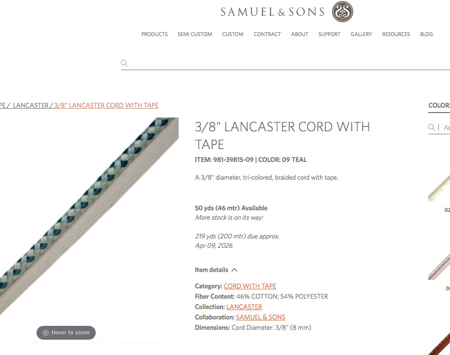 7 yds (252") Samuel & Sons LANCASTER CORD WITH TAPE Rust Orange 3/8" Cord Trim