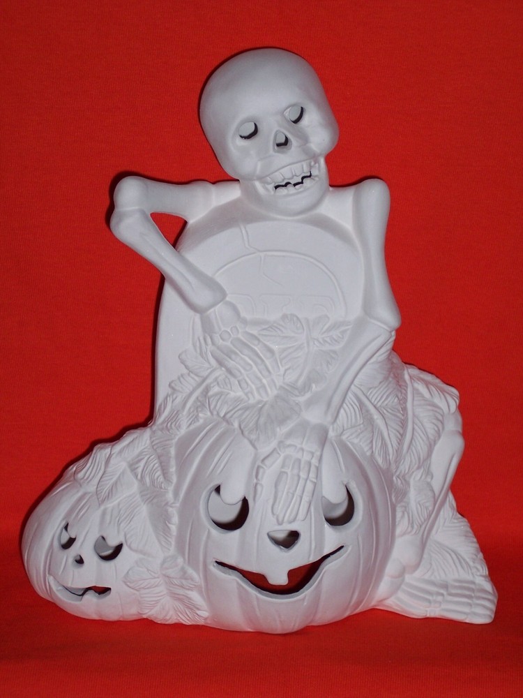 Ceramic Bisque ~ Ready to paint~ Skeleton, gravestone and Pumpkins & light kit