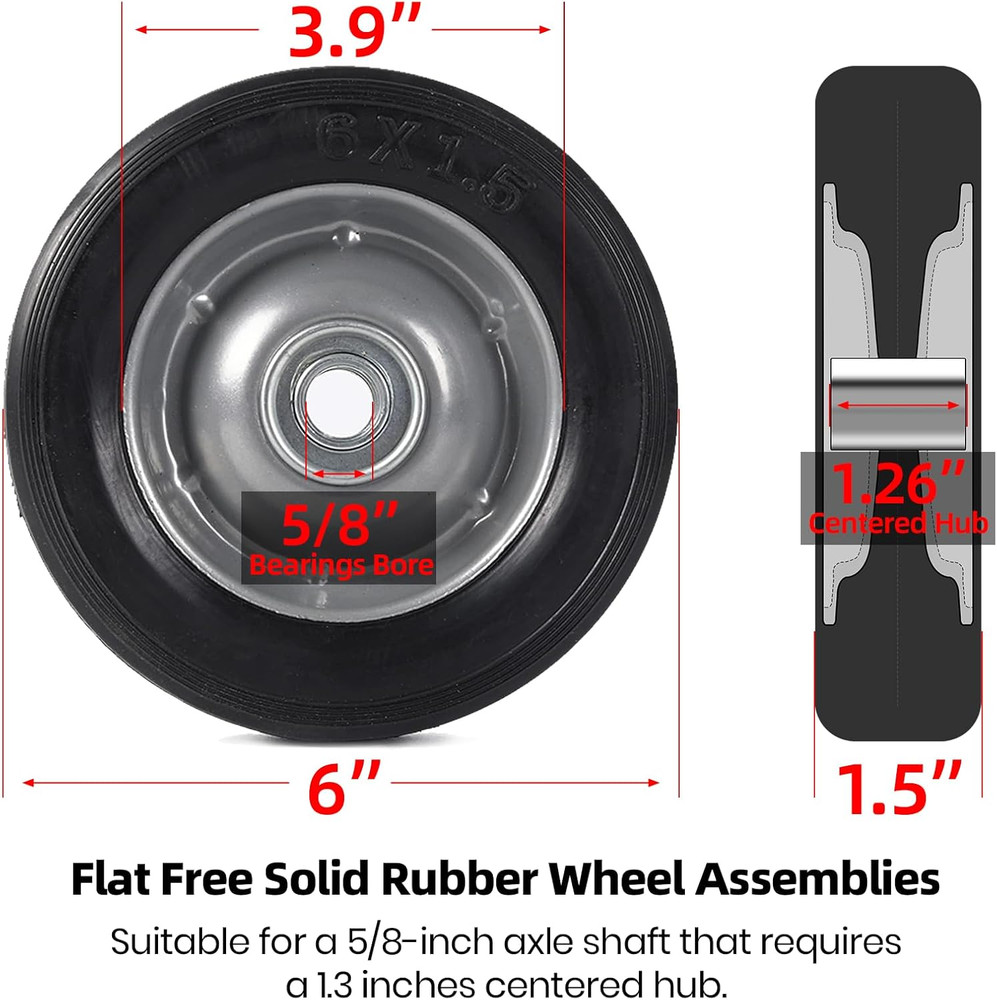 (2-Pack) 6” X 1.5” Flat Free Solid Rubber Wheel Assemblies - Replacement Hand T