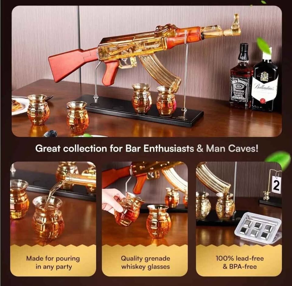 Luxury Gold AK47 Glass Gun Decanter with Grenade Glasses & Reusable Ice Cubes