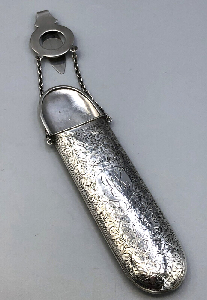 Antique Sterling Silver Eyeglass Case with Chatelain, English Sterling Hallmarks