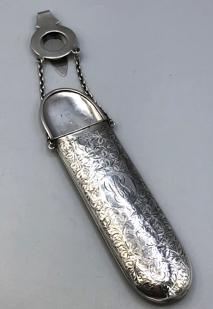 Antique Sterling Silver Eyeglass Case with Chatelain, English Sterling Hallmarks