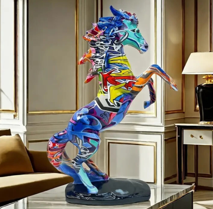 NEW 13.5" Vibrant Colorful Graffiti Standing Horse Resin Figurine Statue 13.5x9