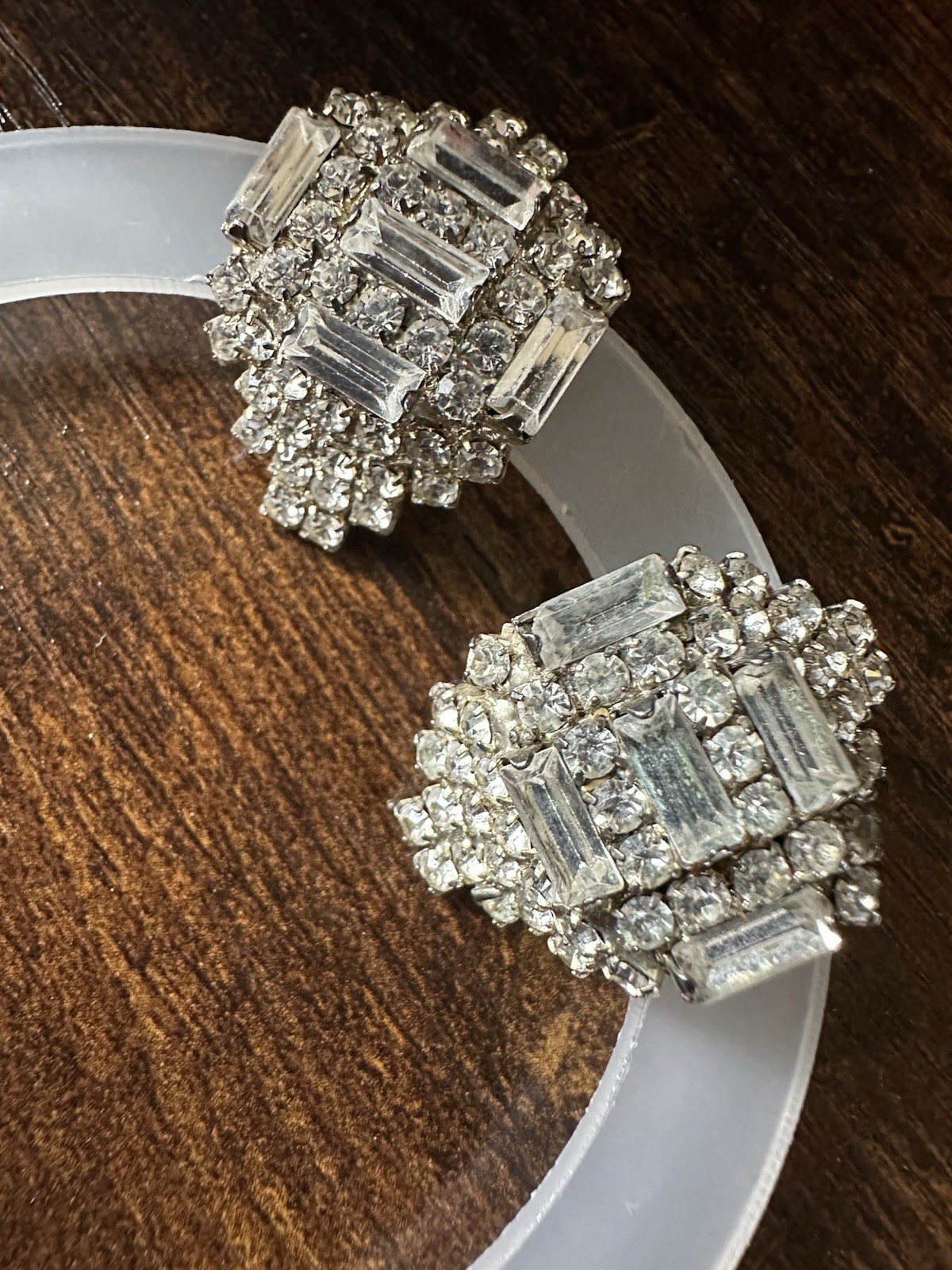 Vintage 1990s LORD & TAYLOR Clear Rhinestone Clip On Earrings Domed Shape