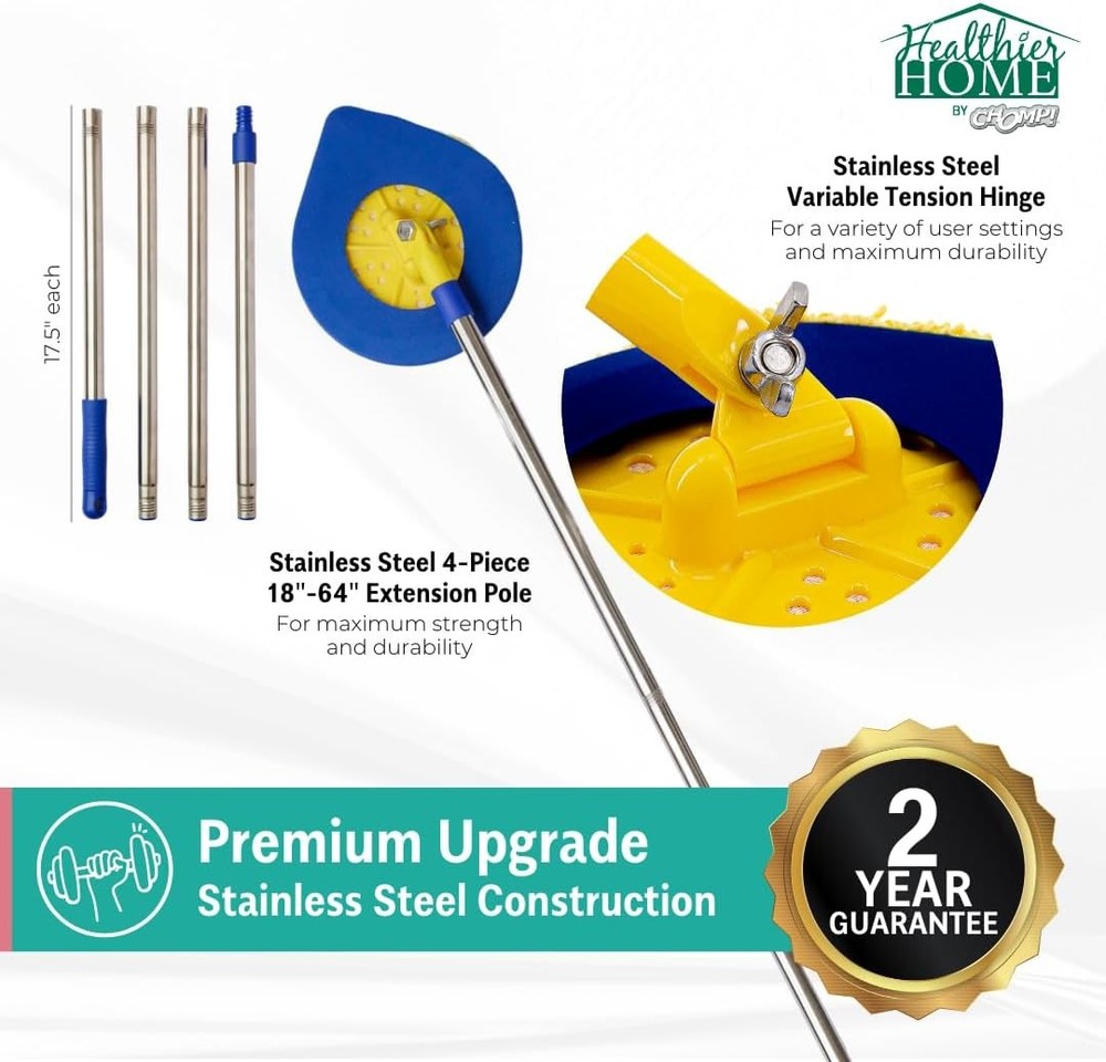 CHOMP Long Handle Wall Cleaner, 5 Minute 60 Inch, Yellow Microfiber