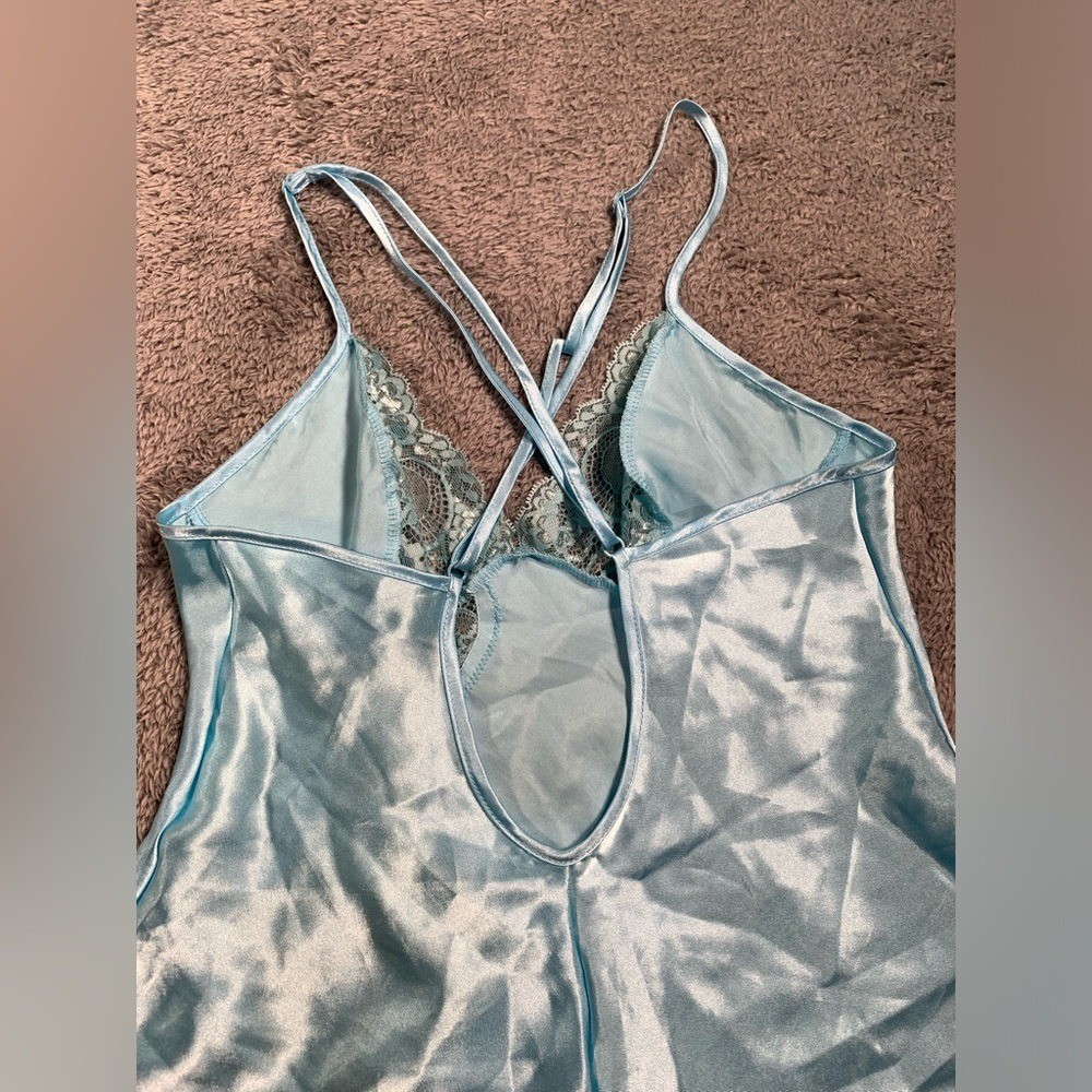 Frederick's of Hollywood Light Blue Satin Nightgown lace XS