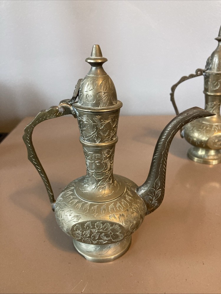 Pair 2 Indian Middle Eastern Etched Dallah Brass Coffee Pots