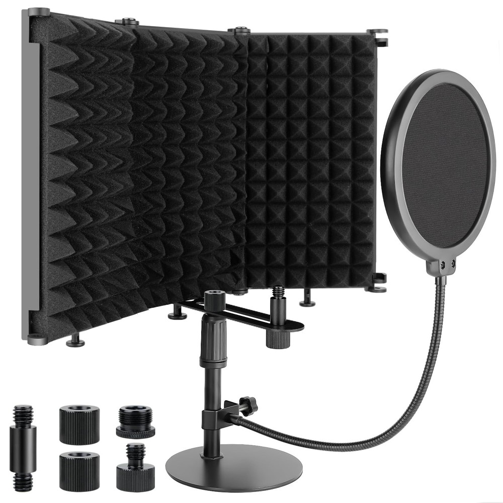 Microphone Isolation Shield, 3 Panels Sound Proof Mic Shield with Mic Stand a...