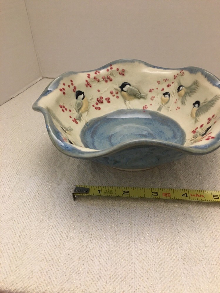 Jen Stein Art Pottery Bowl Decor Piece Chickadee Pattern