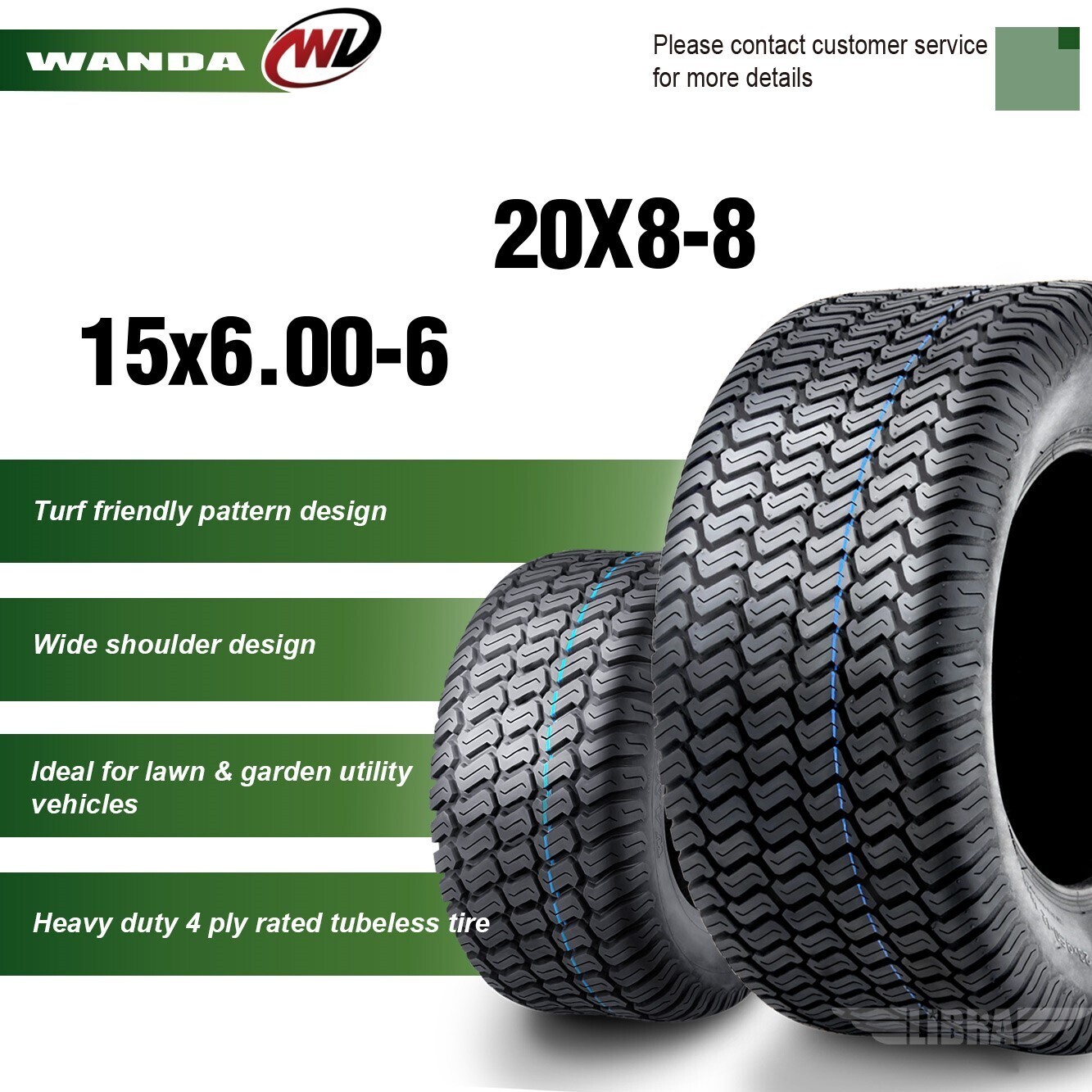 Set 4 WANDA 15X6-6 & 20X8-8 Lawn Mower Tractor Cart Turf Tires 4 Ply-13016/13035