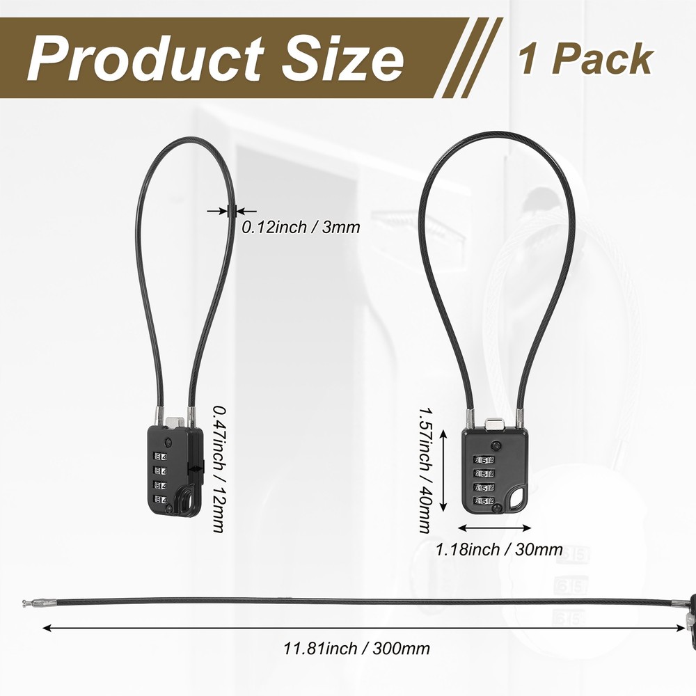 1-Pack Combination Padlock, 4 Digit 12 in Cable Luggage Lock [Black]