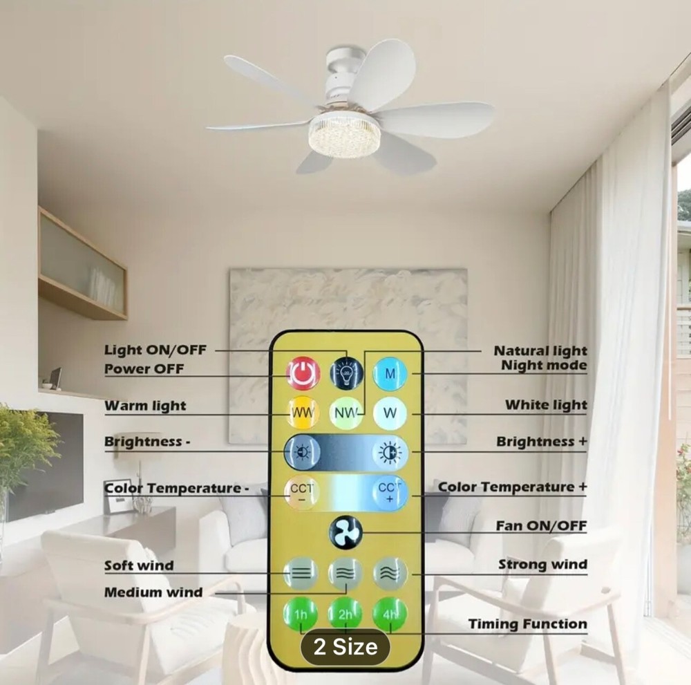 20” Quiet Indoor Small Ceiling Fan with LED Light and Remote Control E27 Ceiling