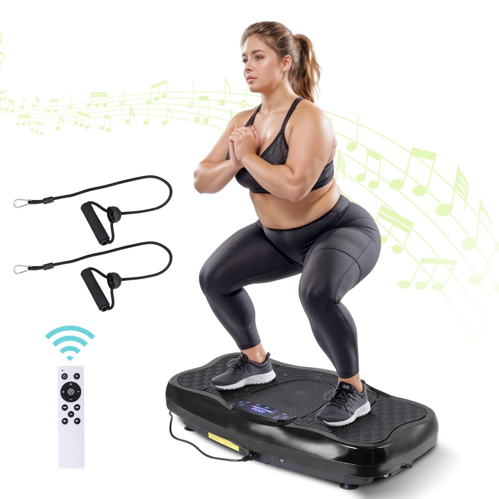 Full Body Workout Vibration Platform Machine wi/ Loop Bands Remote Control Black
