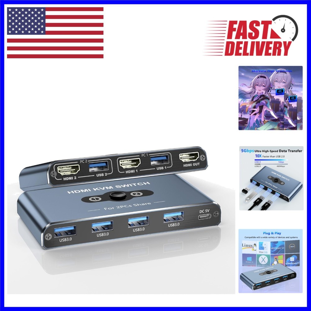 Reliable KVM Switch - 2-in-1 Computer Sharing with High-Speed USB 3.0 and HDMI