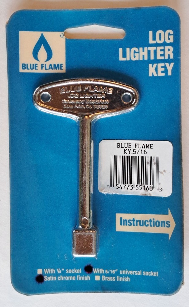 BLUE FLAME Log Lighter Key - Satin Chrome Finish - 5/16” Square Universal Socket