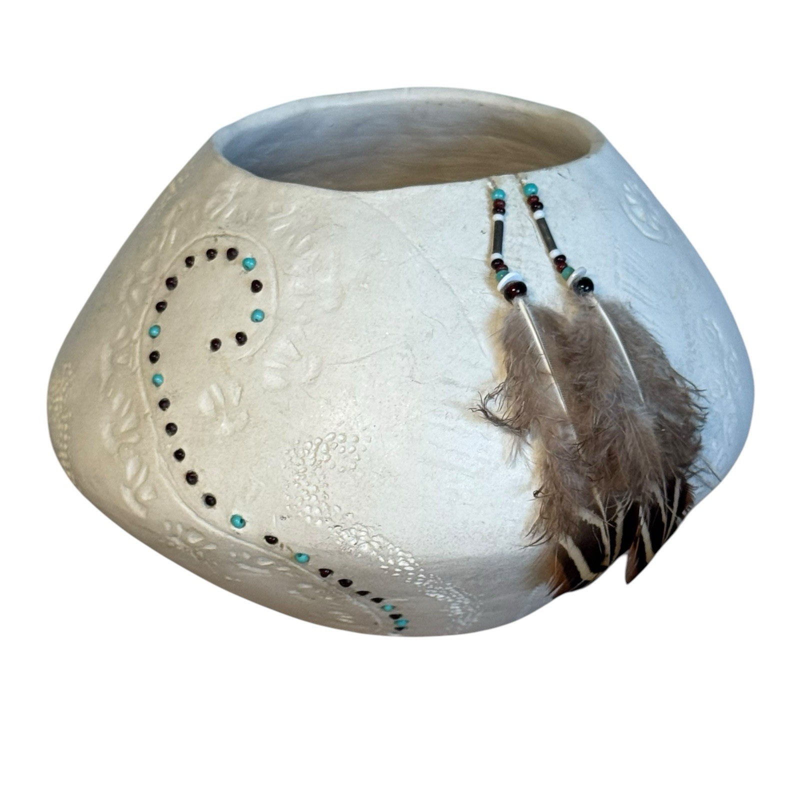 Navajo Vase Blomgren Art Piece Interior relief figurine Feathers Vintage
