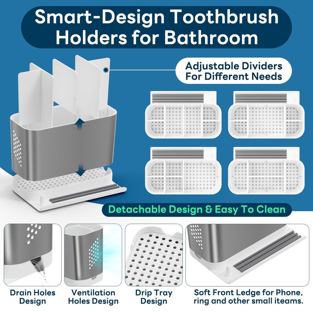 Bathroom Countertop Organizer with Front Ledge for Phone, Detachable Silver