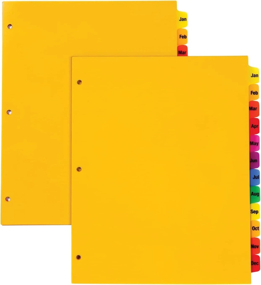 Plastic Monthly Dividers for 3 Ring Binders, 12 Multicolor Preprinted Tabs, Jan-