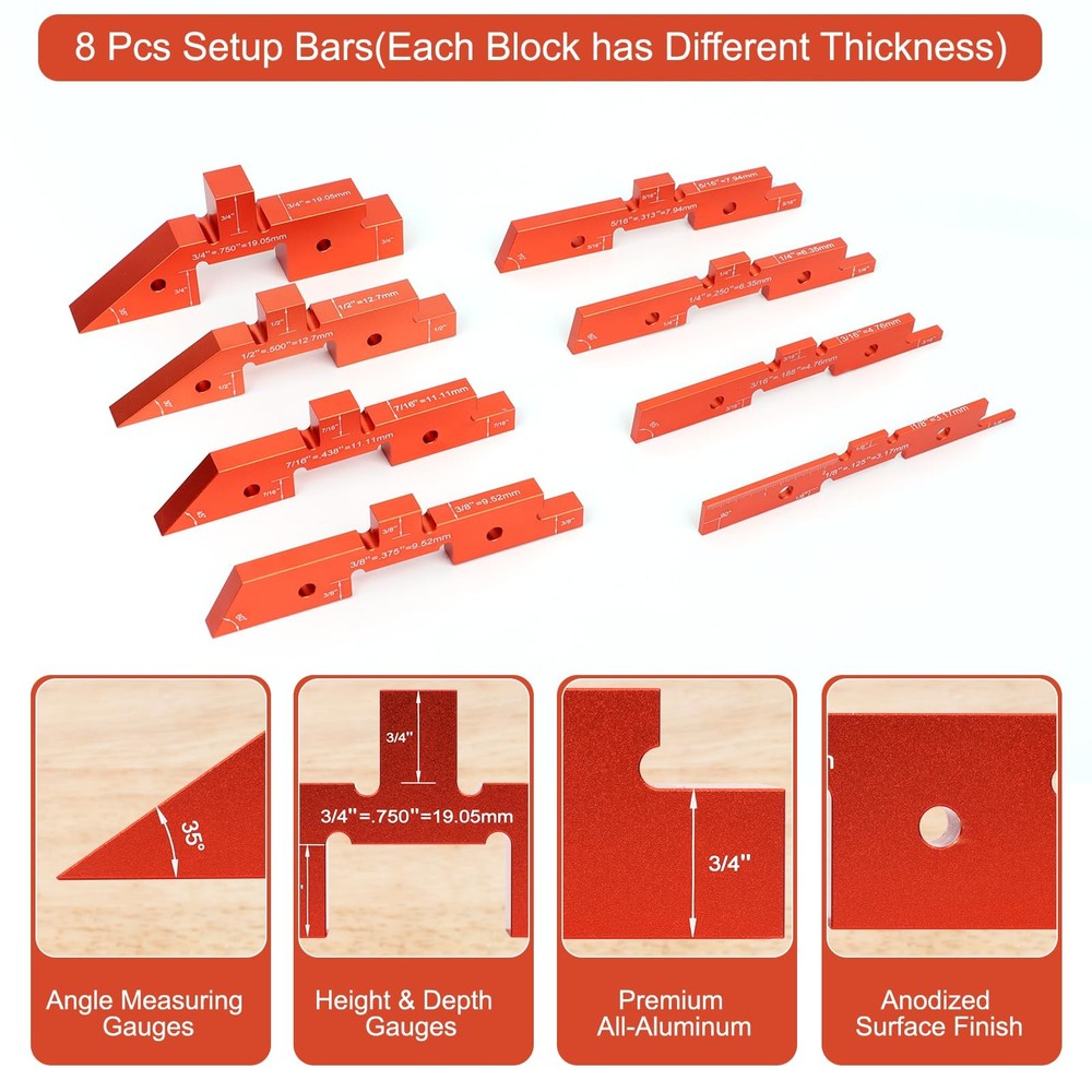 Router Setup Bars Precision Aluminum Positioning Blocks Table Saw Tool 8 PCS