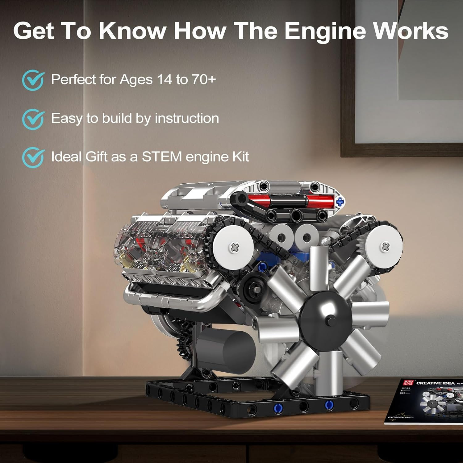 DIY V8 Engine Model Kit for Adults, Working Mechanical STEM Toy 535 Pcs-USA SHIP