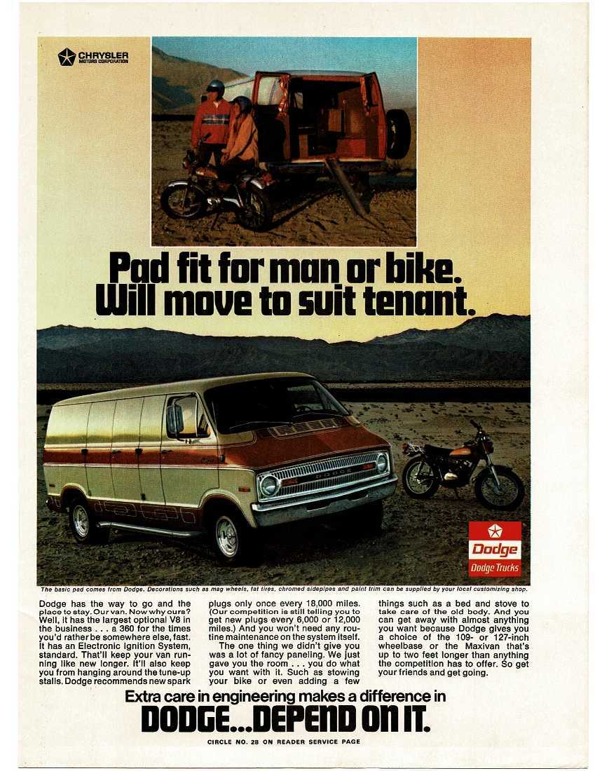 1973 DODGE Van fit for man or bike Vintage Print Ad