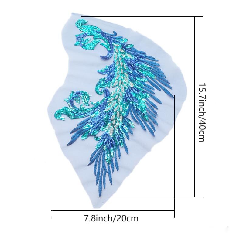 a Pair Sequins/Bead Embroidery Phoenix Peacock Feather Tail Applique Sewing