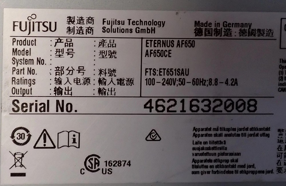 Fujitsu Eternus AF650 All Flash Array 3U Controller Enclosure FTS:ET651SAU w/BUD
