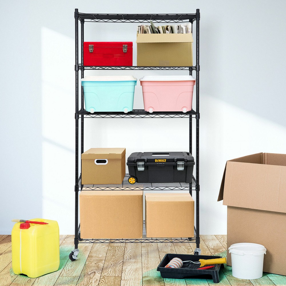 5-Tier Storage Wire Unit Rack with 4 Wheels Casters Large Space Shelves Rolling