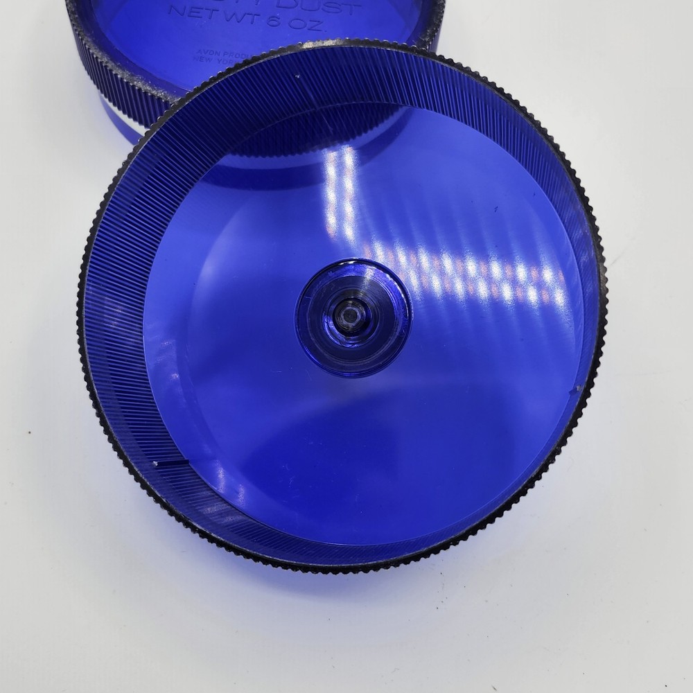 VINTAGE 1971 AVON MOONWIND DUSTING POWDER BOX - BLUE PLASTIC - EMPTY